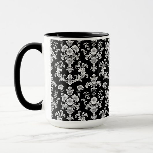 Victorian Black and White Damask Pattern マグカップ (左)