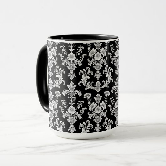 Victorian Black and White Damask Pattern マグカップ (正面左)