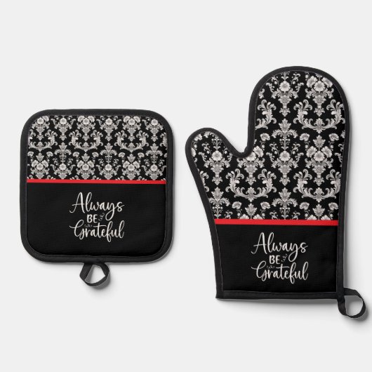 Victorian Black and White Damask Pattern 鍋つかみ&鍋敷きセット (正面)