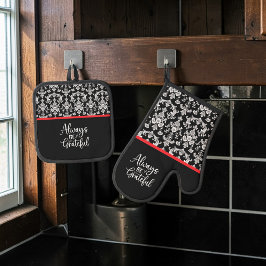 Victorian Black and White Damask Pattern 鍋つかみ&鍋敷きセット