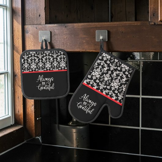 Victorian Black and White Damask Pattern 鍋つかみ&鍋敷きセット