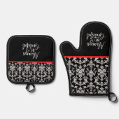 Victorian Black and White Damask Pattern 鍋つかみ&鍋敷きセット (正面)