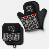 Victorian Black and White Damask Pattern 鍋つかみ&鍋敷きセット (正面/裏面)