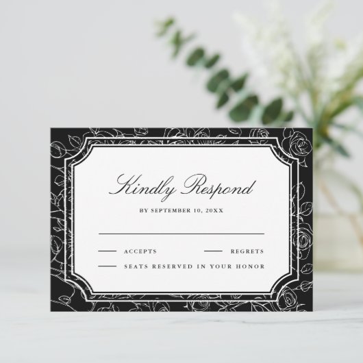 Victorian Black Floral Line Art Wedding 出欠カード (スタンド正面)