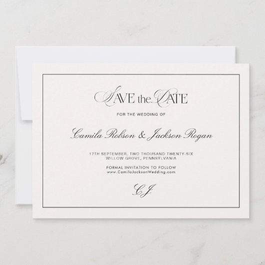 Victorian Black & Ivory Wedding Save the Date 招待状 (正面)