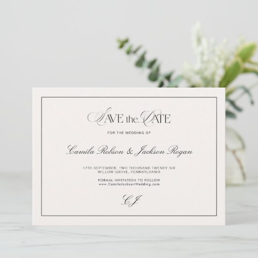 Victorian Black & Ivory Wedding Save the Date 招待状 (スタンド正面)