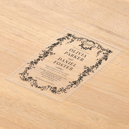 Victorian Black Wedding Monogram アクリル招待状 (レイダウン)