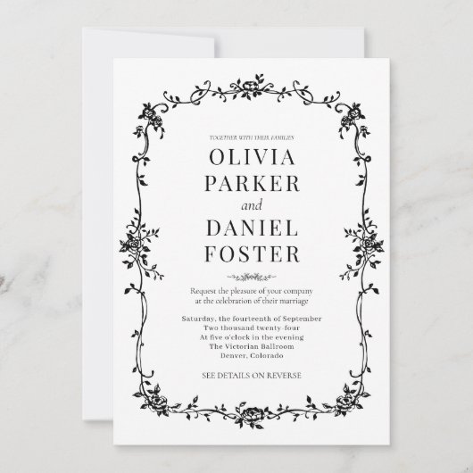 Victorian Black White French All in One Wedding  招待状 (正面)