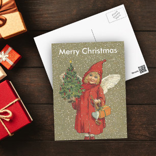 Victorian Blond Girl Angel Christmas Tree Snow シーズンポストカード