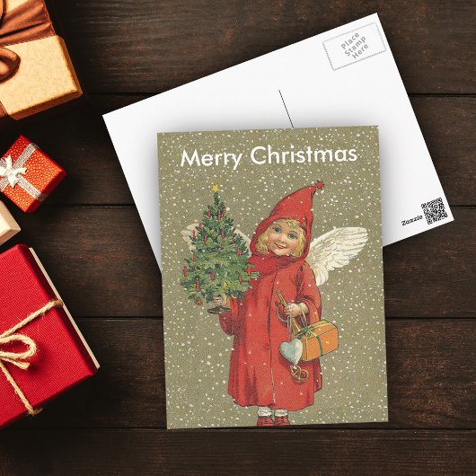 Victorian Blond Girl Angel Christmas Tree Snow シーズンポストカード