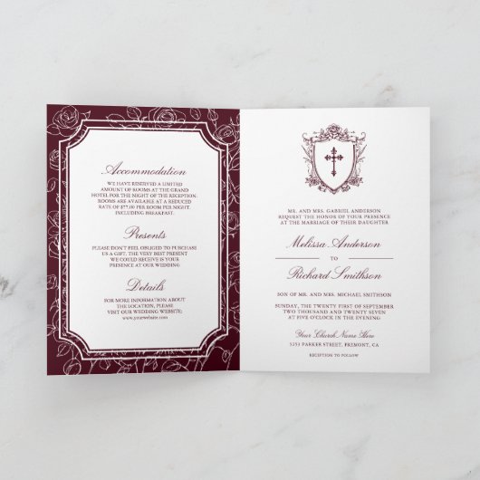 Victorian Burgundy Catholic QR Code Wedding 招待状 (内部)