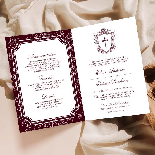 Victorian Burgundy Catholic QR Code Wedding 招待状