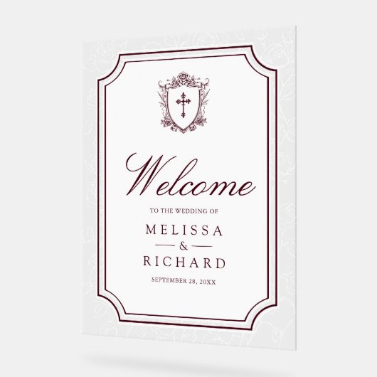 Victorian Burgundy Catholic Wedding Welcome アクリルサイン (傾斜)
