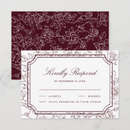 Victorian Burgundy Floral Line Art Wedding 出欠カード