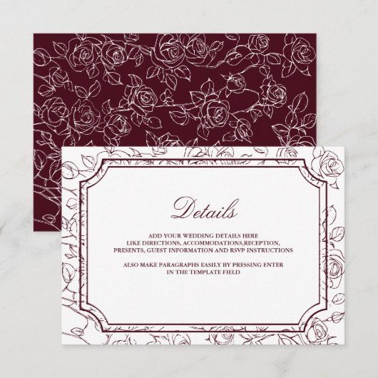 Victorian Burgundy Floral Line Art Wedding Details エンクロージャーカード (正面/裏面)