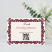Victorian Burgundy Ivory Lace Wedding Website QR 出欠カード (スタンド正面)