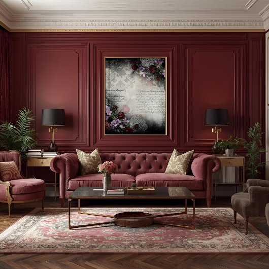 Victorian Burgundy Rose Script Decoupage Craft 薄葉紙