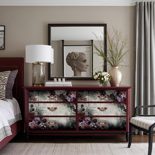 Victorian Burgundy Rose Script Decoupage Craft 薄葉紙