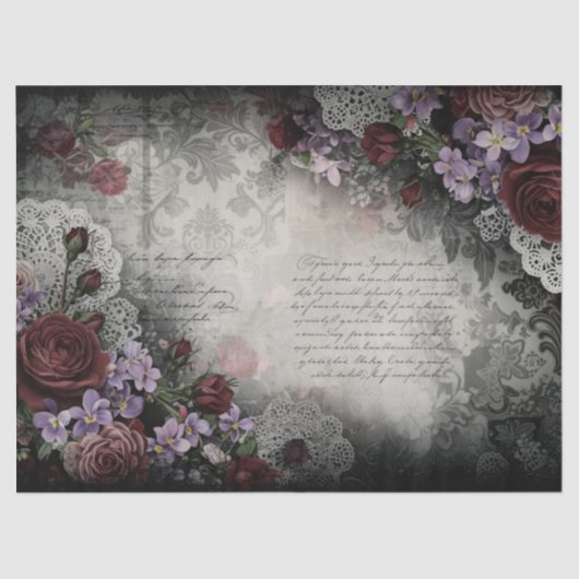 Victorian Burgundy Rose Script Decoupage Craft 薄葉紙 (正面)