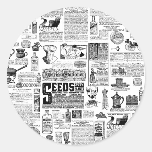 victorian catalog black white antique toile ラウンドシール (正面)