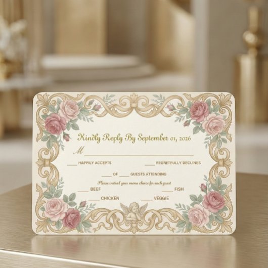 Victorian Cherub Ornate Floral Scroll 出欠カード