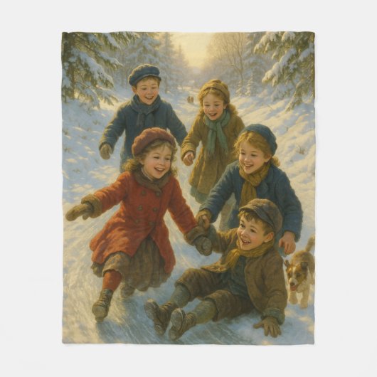 Victorian Christmas Blanket – Kids Playing in Snow フリースブランケット (正面)