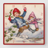 Victorian Christmas Kids in Snow Clock スクエア壁時計 (正面)