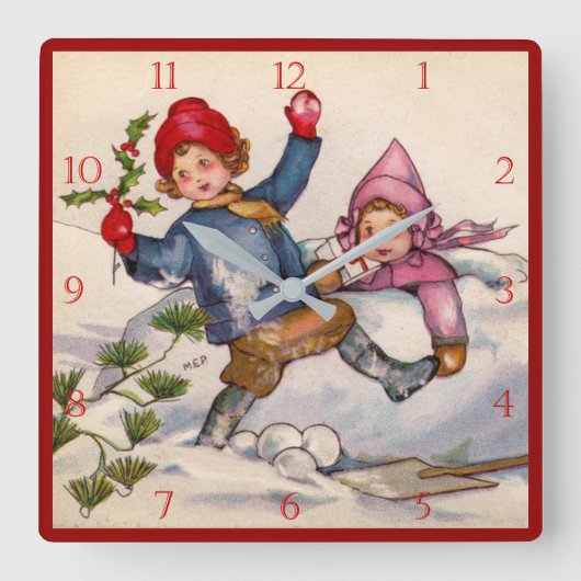 Victorian Christmas Kids in Snow Clock スクエア壁時計 (正面)