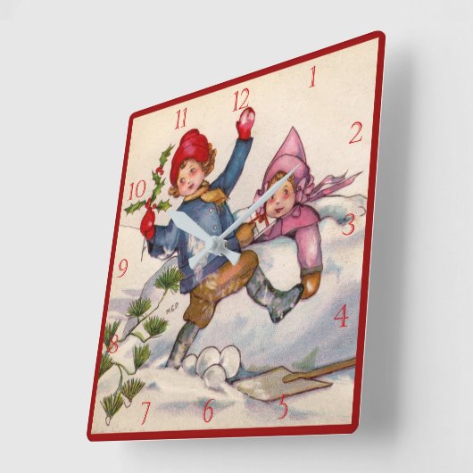 Victorian Christmas Kids in Snow Clock スクエア壁時計 (傾斜)