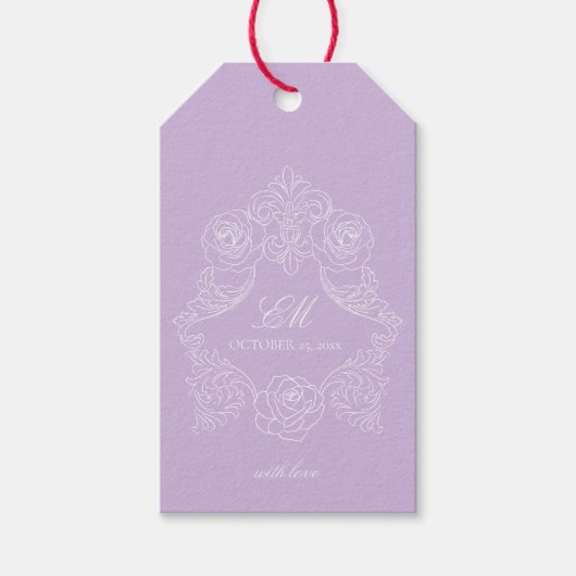 Victorian Crest Monogram Purple Wedding ギフトタグ (正面)