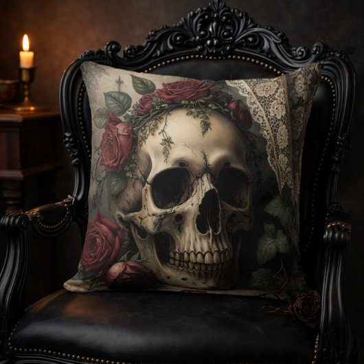Victorian Dark Academia Gothic Skull with Roses クッション