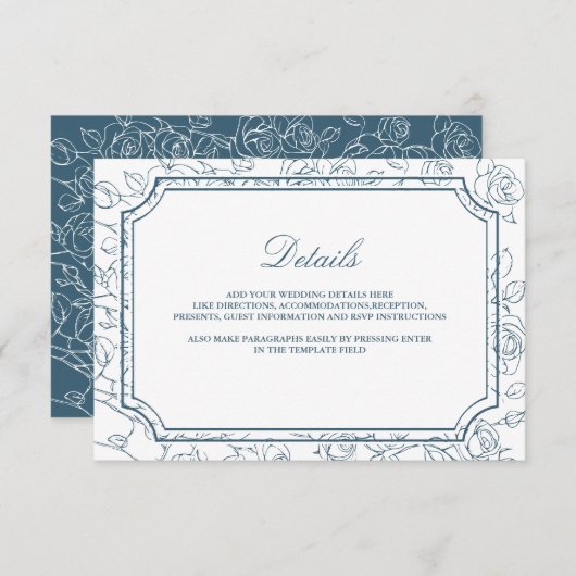 Victorian Dusty Blue Line Art Wedding Details エンクロージャーカード (正面/裏面)