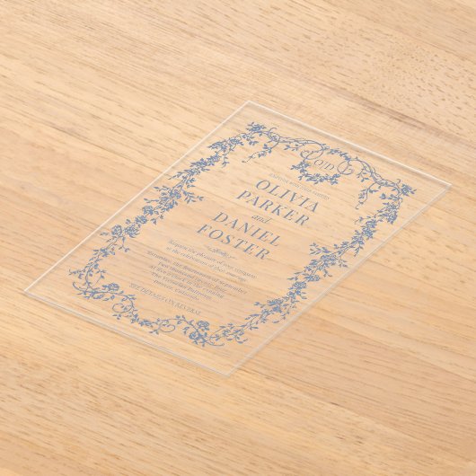 Victorian Dusty Blue Wedding Monogram アクリル招待状 (レイダウン)