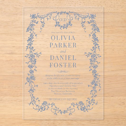 Victorian Dusty Blue Wedding Monogram アクリル招待状 (正面)
