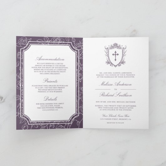 Victorian Dusty Purple Catholic QR Code Wedding 招待状 (内部)
