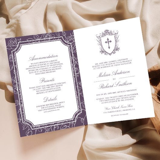 Victorian Dusty Purple Catholic QR Code Wedding 招待状