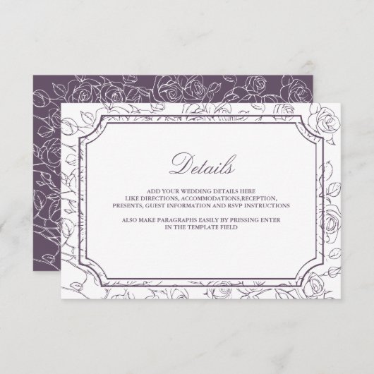 Victorian Dusty Purple Line Art Wedding Details エンクロージャーカード (正面/裏面)
