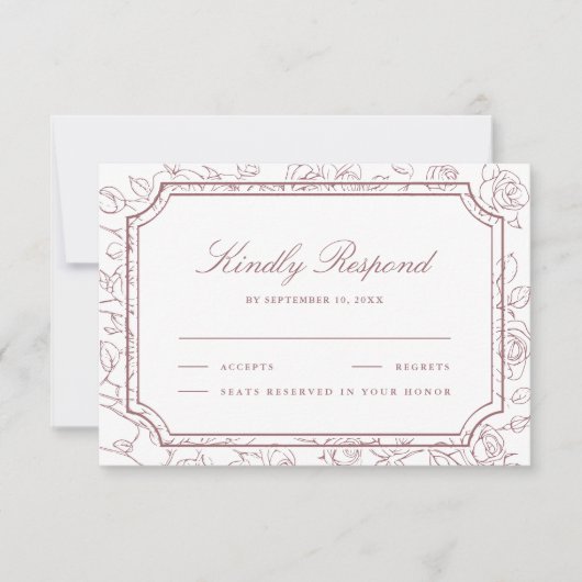 Victorian Dusty Rose Floral Line Art Wedding 出欠カード (正面)