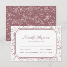 Victorian Dusty Rose Floral Line Art Wedding 出欠カード