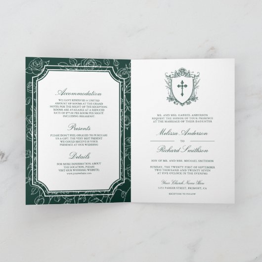 Victorian Emerald Green Catholic QR Code Wedding 招待状 (内部)