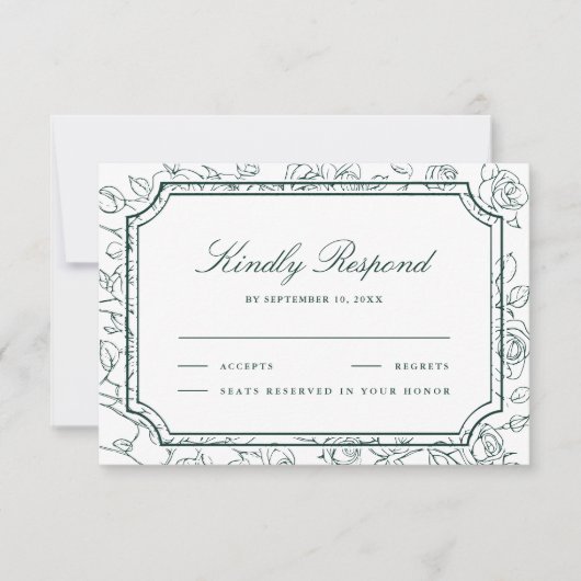 Victorian Emerald Green Floral Line Art Wedding 出欠カード (正面)