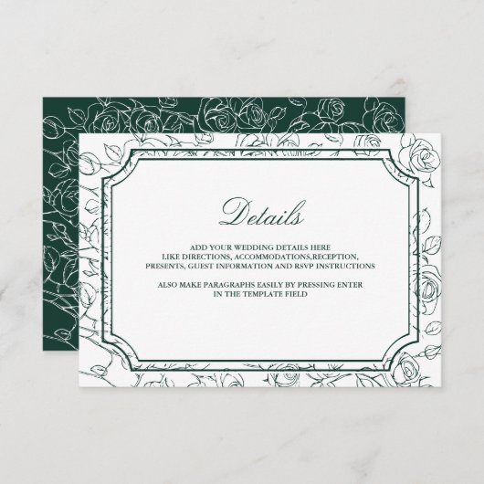 Victorian Emerald Green Line Art Wedding Details エンクロージャーカード (正面/裏面)