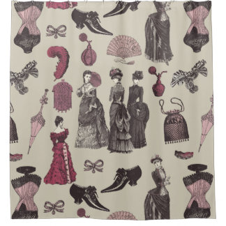 victorian era fashion women toile beige シャワーカーテン