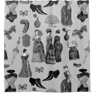 victorian era fashion women toile black white シャワーカーテン