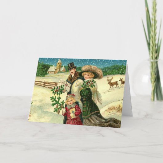 Victorian family in the snow Christmas scene カード (正面)