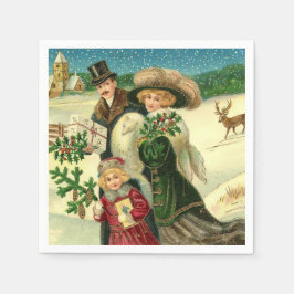 Victorian family in the snow Christmas scene スタンダードカクテルナプキン