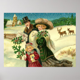 Victorian family in the snow Christmas scene ポスター