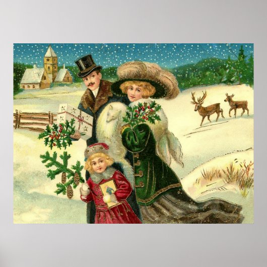Victorian family in the snow Christmas scene ポスター (正面)