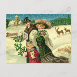 Victorian family in the snow Christmas scene ポストカード