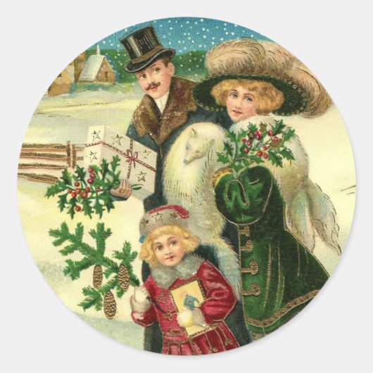 Victorian family in the snow Christmas scene ラウンドシール (正面)